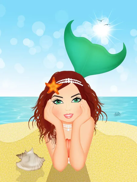 海滩上的美人鱼插图 — 图库照片
