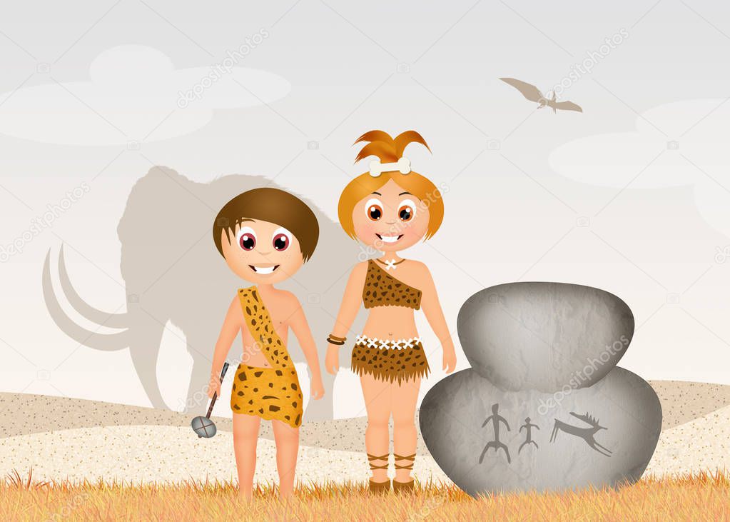 illustration of children primitive cave