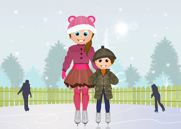 Illustration Von Kindern Beim Schlittschuhlaufen Auf Eis — Stockfoto