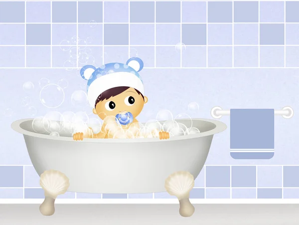 在浴缸里的宝宝的插图 — 图库照片