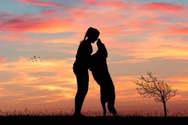 Kız köpekle illüstrasyon gün batımında