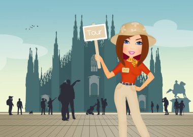 Milano Katedrali'ne turist rehberi gösteren resim