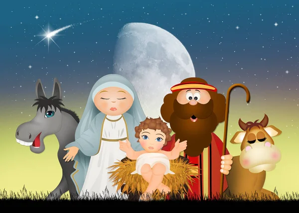 illustration of Jesus, Mary and joseph and ox and donkey