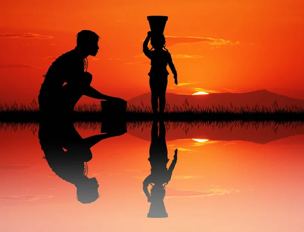 African Woman Plucks Water River — Stock Photo, Image