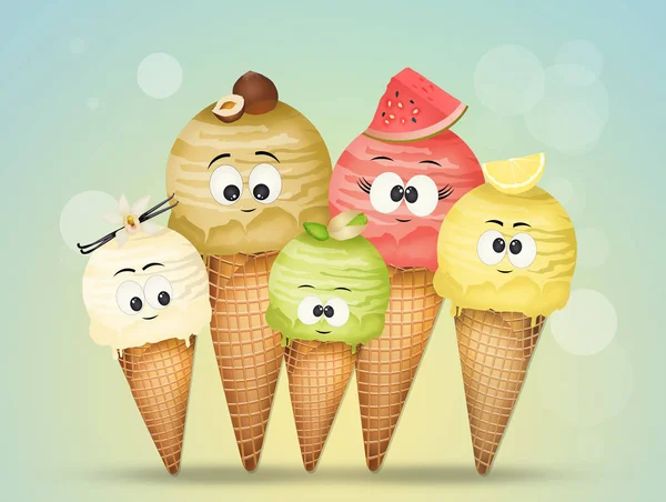 各种口味的冰淇淋与滑稽的面孔 — 图库照片