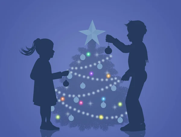 Crianças Decoram Árvore Natal — Fotografia de Stock