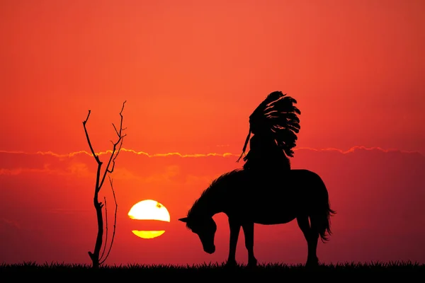 插图的美洲印第安人在日落时 — 图库照片