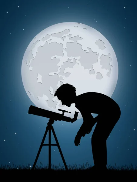 Man Kijkt Maan Telescoop — Stockfoto