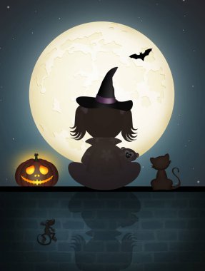 Cadılar Bayramı gecesi duvarda oturan kız