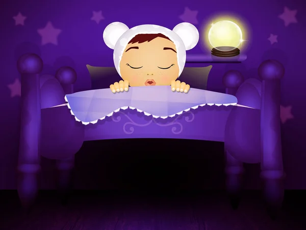 Baby Sleeps Bed Stars Projected Wall — Stock Photo, Image