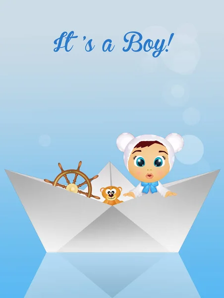Geburtsankündigung Mit Baby Auf Papierboot — Stockfoto