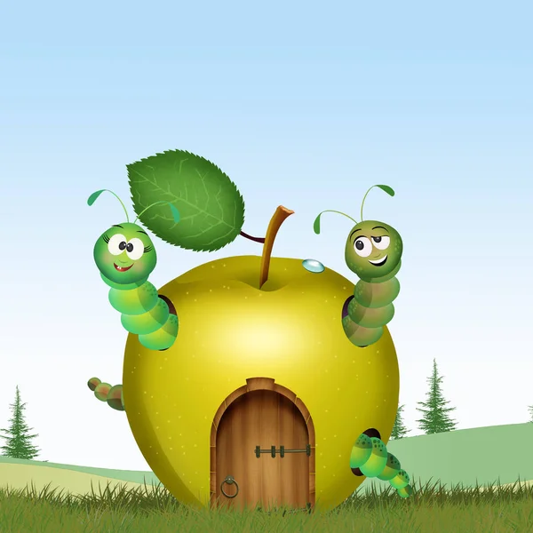 Illustration Caterpillars House Green Apple — Stock Photo, Image