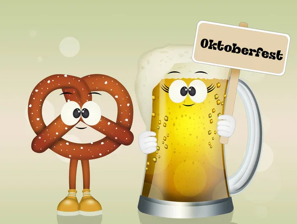 Illustratie Van Oktoberfest Met Bier Krakeling Met Grappige Gezichten — Stockfoto