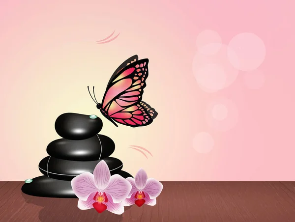 Schmetterling Auf Steinen Des Wellness Zentrums — Stockfoto