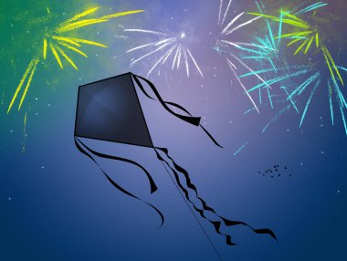 Uçurtma ve havai fişek patlama çizimi