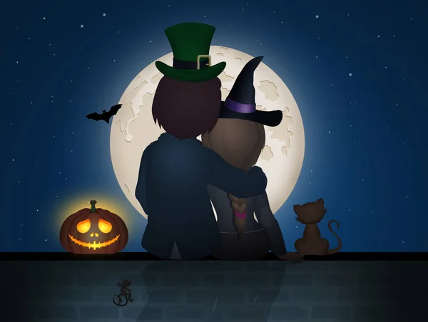 Couple Sitting Wall Halloween Night — Stock Photo, Image