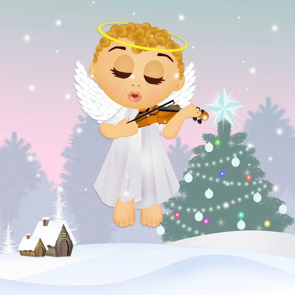 小さな天使がクリスマスでバイオリンを演奏します — ストック写真