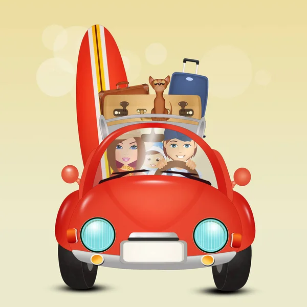 Ilustracja Rodziną Podróżuje Samochodem — Zdjęcie stockowe