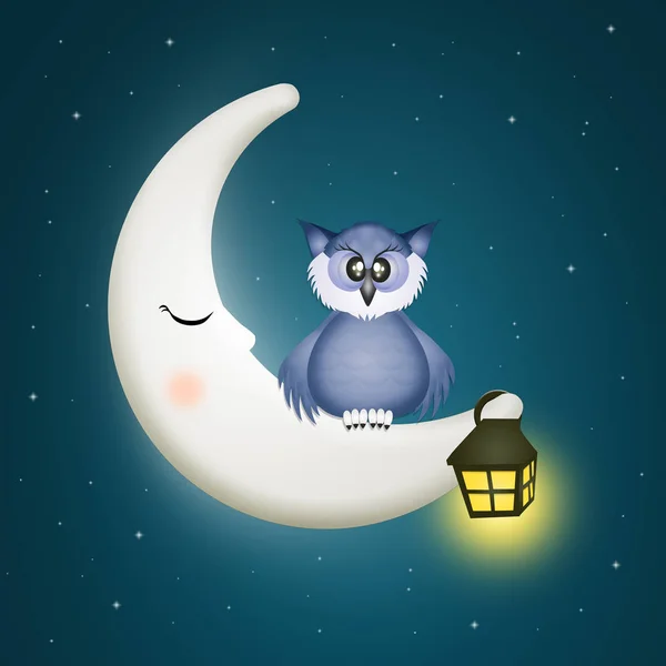 illustration of owl on the moon