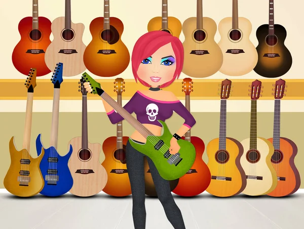 Chica Tienda Guitarras — Foto de Stock