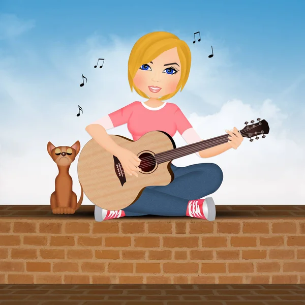 Kobieta Gra Gitarze Siedząc Ścianie — Zdjęcie stockowe