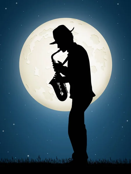 Man Plays Saxophone Moonlight — Stock Photo, Image