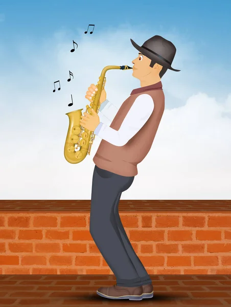 Ilustracja Mężczyzna Gra Saksofonie — Zdjęcie stockowe