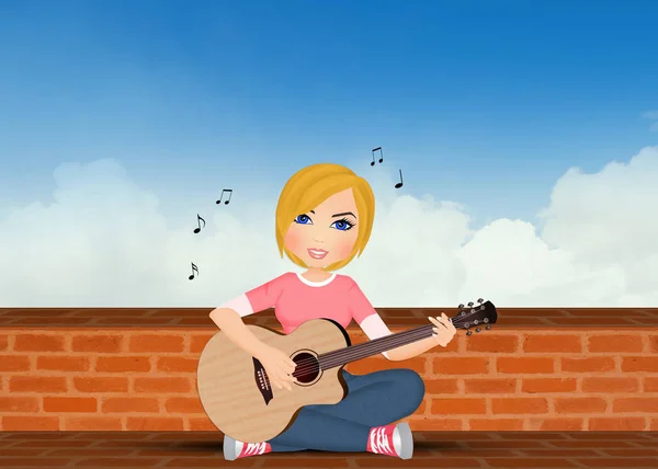 Illustration Girl Plays Guitar Sitting Wall — Stock Photo, Image