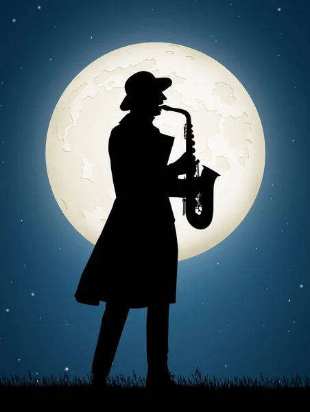 Hombre Toca Saxofón Luz Luna — Foto de Stock