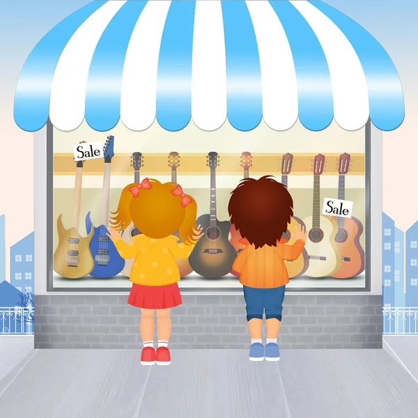 Children Looking Showcase Guitar Shop — Stock Photo, Image