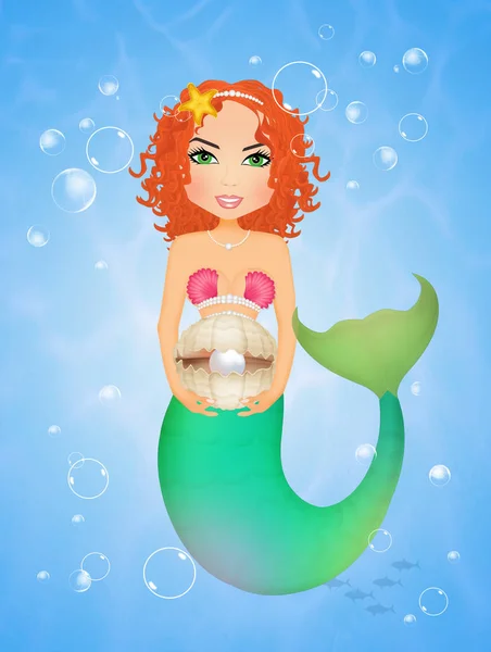 Ilustración Sirena Con Concha Perla —  Fotos de Stock