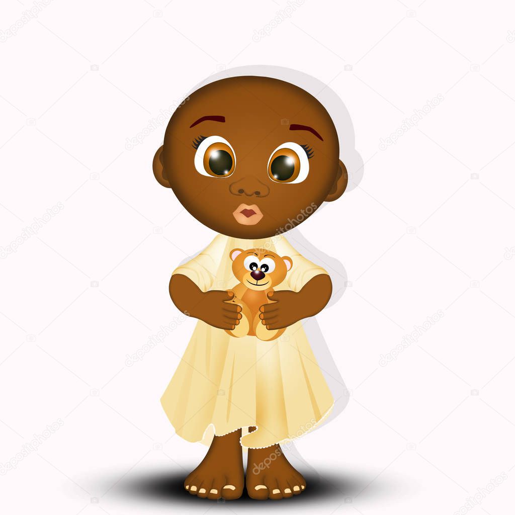 funny illustration of black child with teddy bear