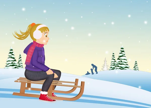 Ilustracja Dziewczyna Kuligi Zimą — Zdjęcie stockowe