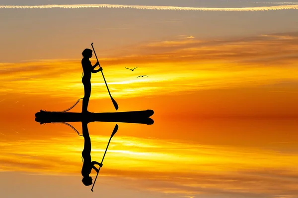 Illustration Girl Paddle Sunset — Stock Photo, Image