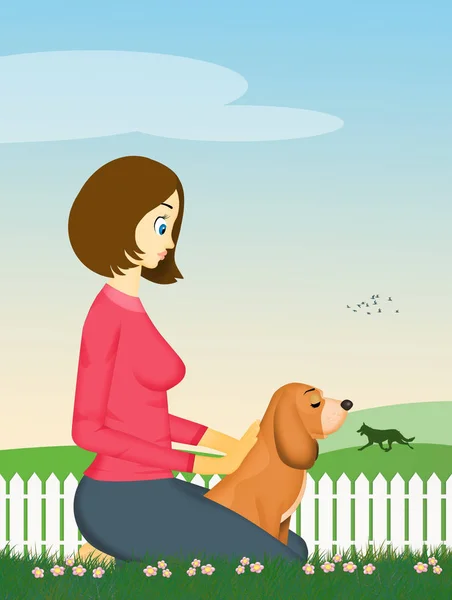 女の子 Cuddles 草原の犬 — ストック写真