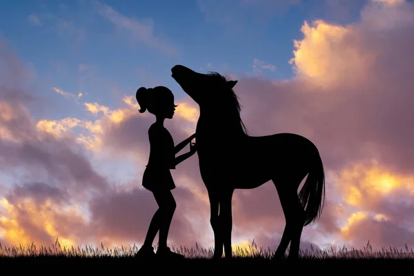 Holčička Koně Při Západu Slunce — Stock fotografie