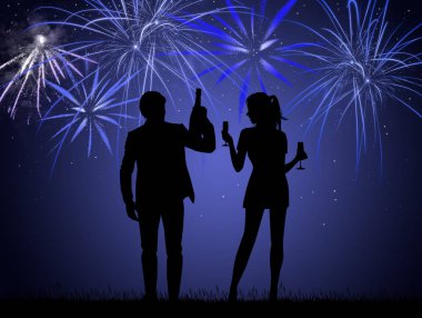 Çift piroteknik fireworks uygulamasında Yılbaşı kutlamak