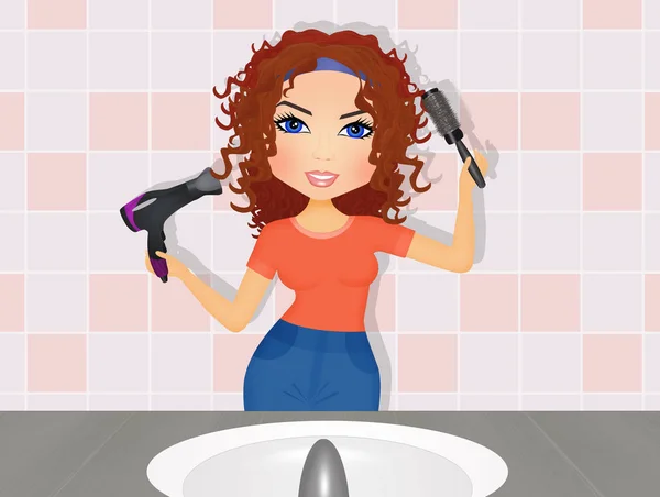 Illustration Girl Curls Her Hair — Stock Photo, Image