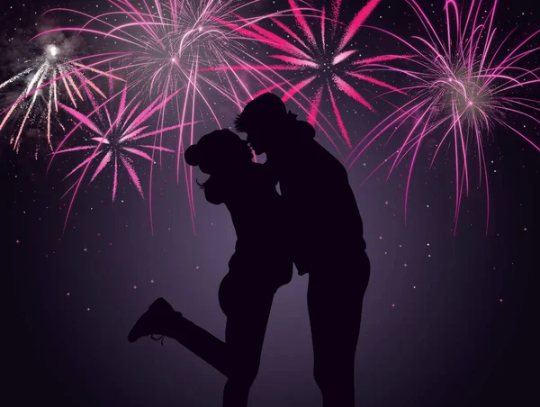 Couple Kissing Fireworks Pyrotechnic New Year — Stock Photo, Image