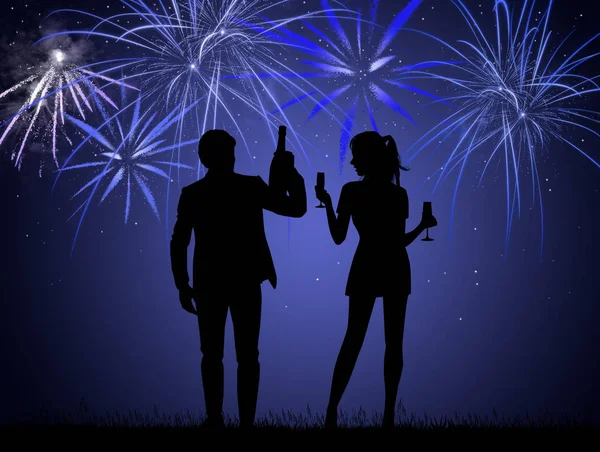 Paar Feiert Das Neue Jahr Pyrotechnischen Feuerwerk — Stockfoto