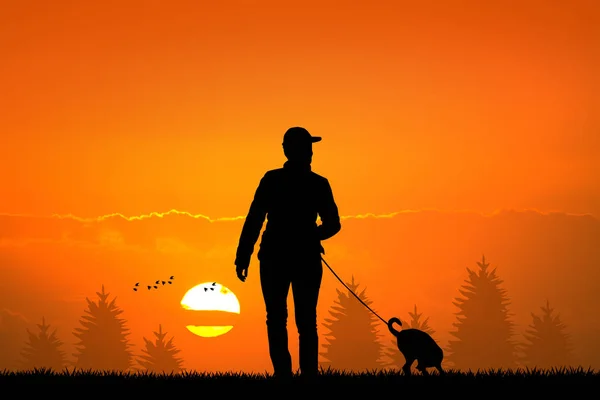 Ilustración Hombre Con Perro Atardecer — Foto de Stock