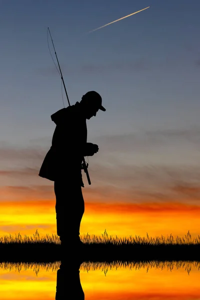 Illustratie Van Visser Bij Zonsondergang — Stockfoto