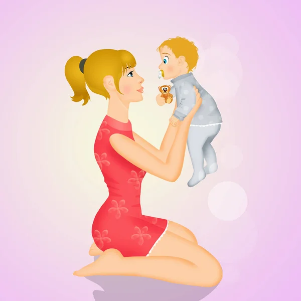 Ilustración Madre Alegre Con Hijo — Foto de Stock