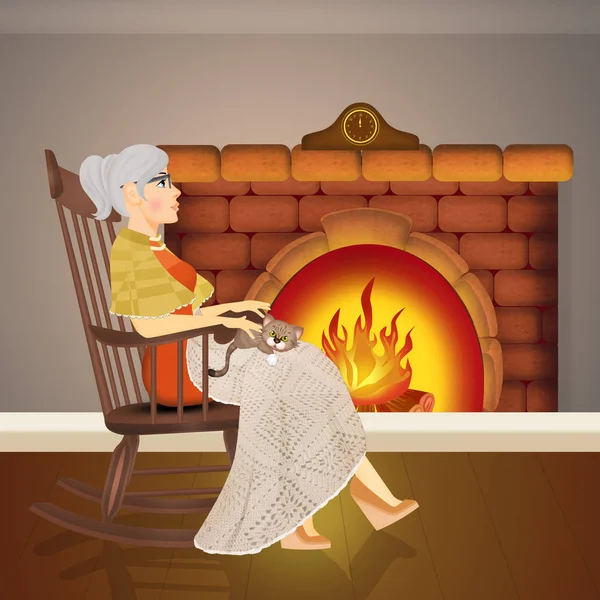 Иллюстрация Бабушки Сидящей Кресле Качалке Перед Камином — стоковое фото
