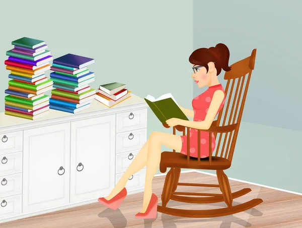 Kvinne Leser Mange Bøker – stockfoto