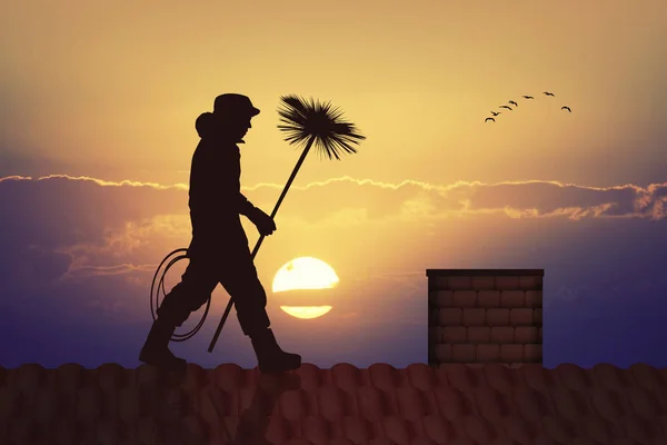 Schoorsteenveger Silhouet Bij Zonsondergang — Stockfoto