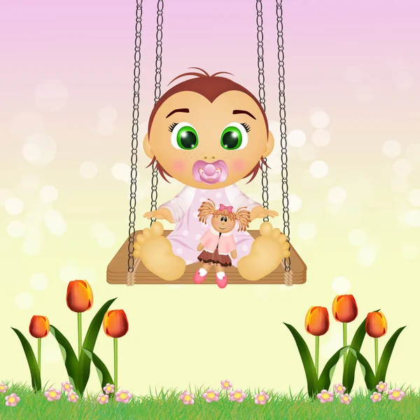 Bébé Fille Sur Swing — Photo
