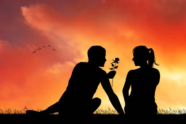 男は日没時に彼のガールフレンドにバラを与える — ストック写真