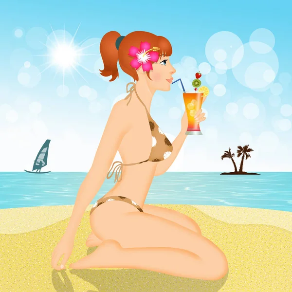 Sexig Kvinna Med Cocktail Stranden Sommaren — Stockfoto