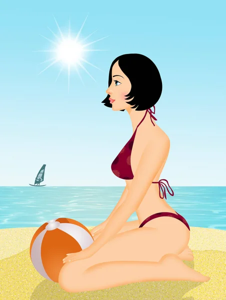 Ilustrace Brunetové Dívky Pláži — Stock fotografie